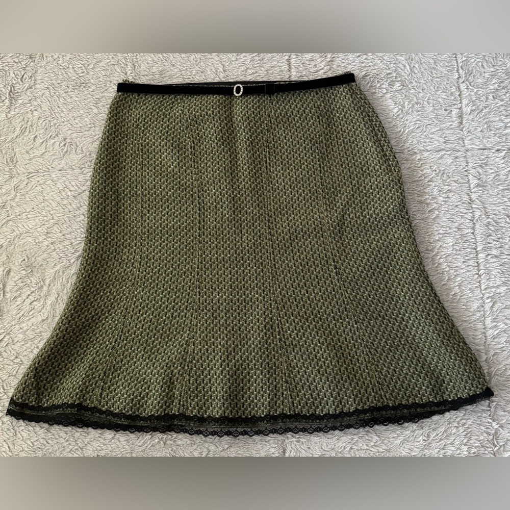 Worthington Green Multi A-Line Skirt Knee-Length w/ Lace Detail Hem, Velvet Belt